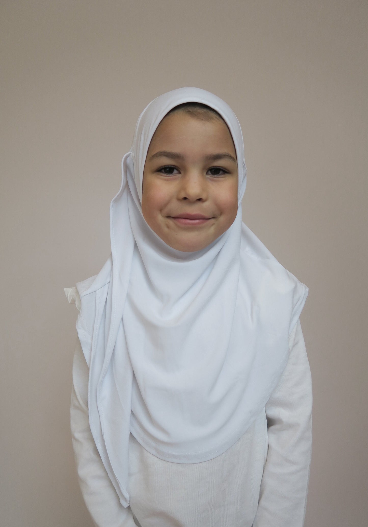 Front view of white butterfly instant kids hijab
