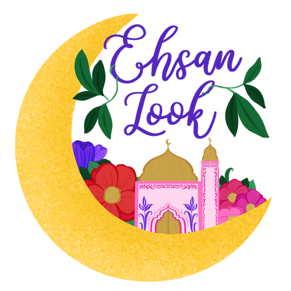 ehsanlook logo - crescent moon with a mosque and flowers nestled inside the moon. 