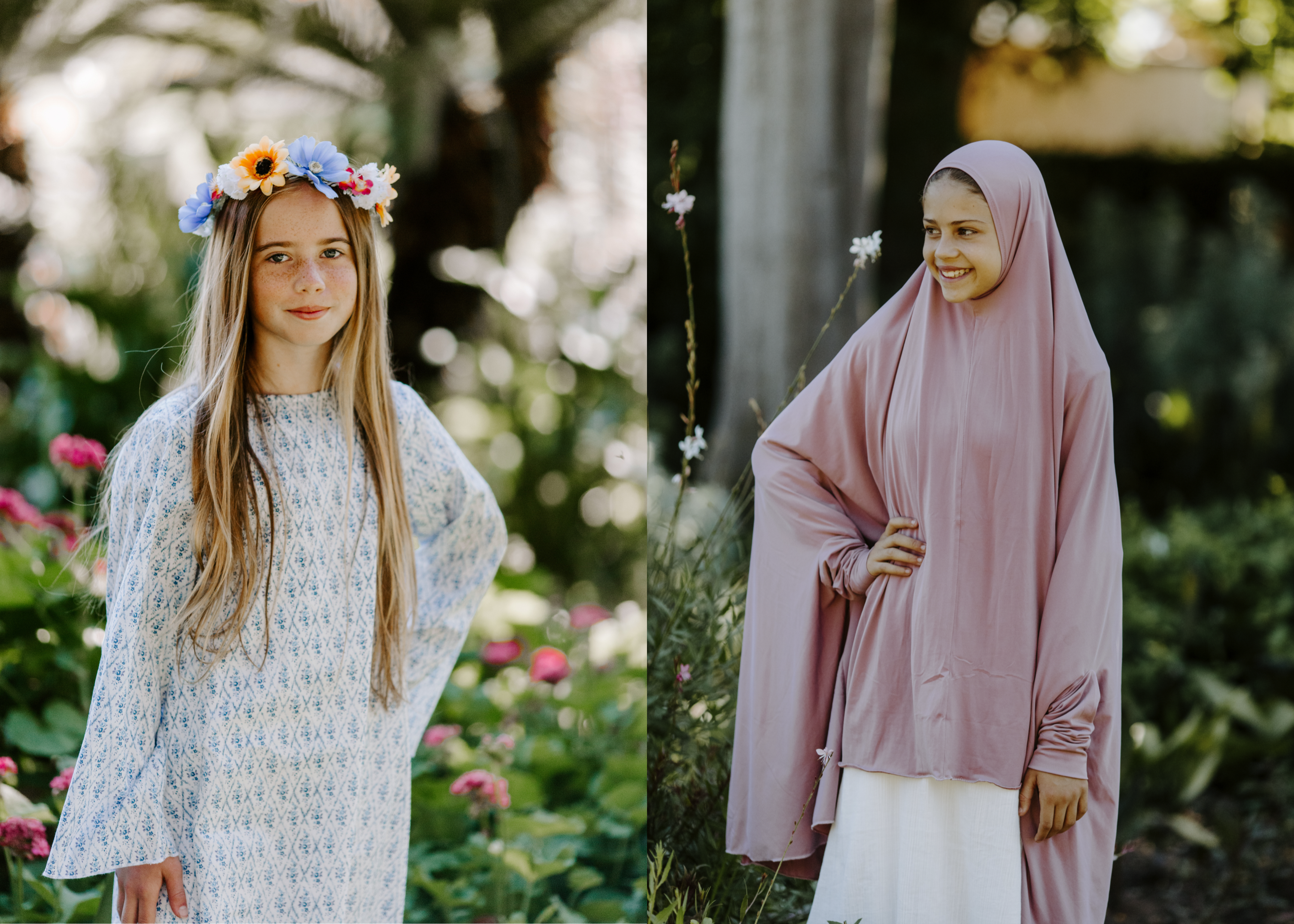 Two young girls in front of beautiful gardens. one wearing a flower vcrown and one wearing a jilbab