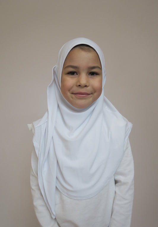 Front view of white butterfly instant kids hijab